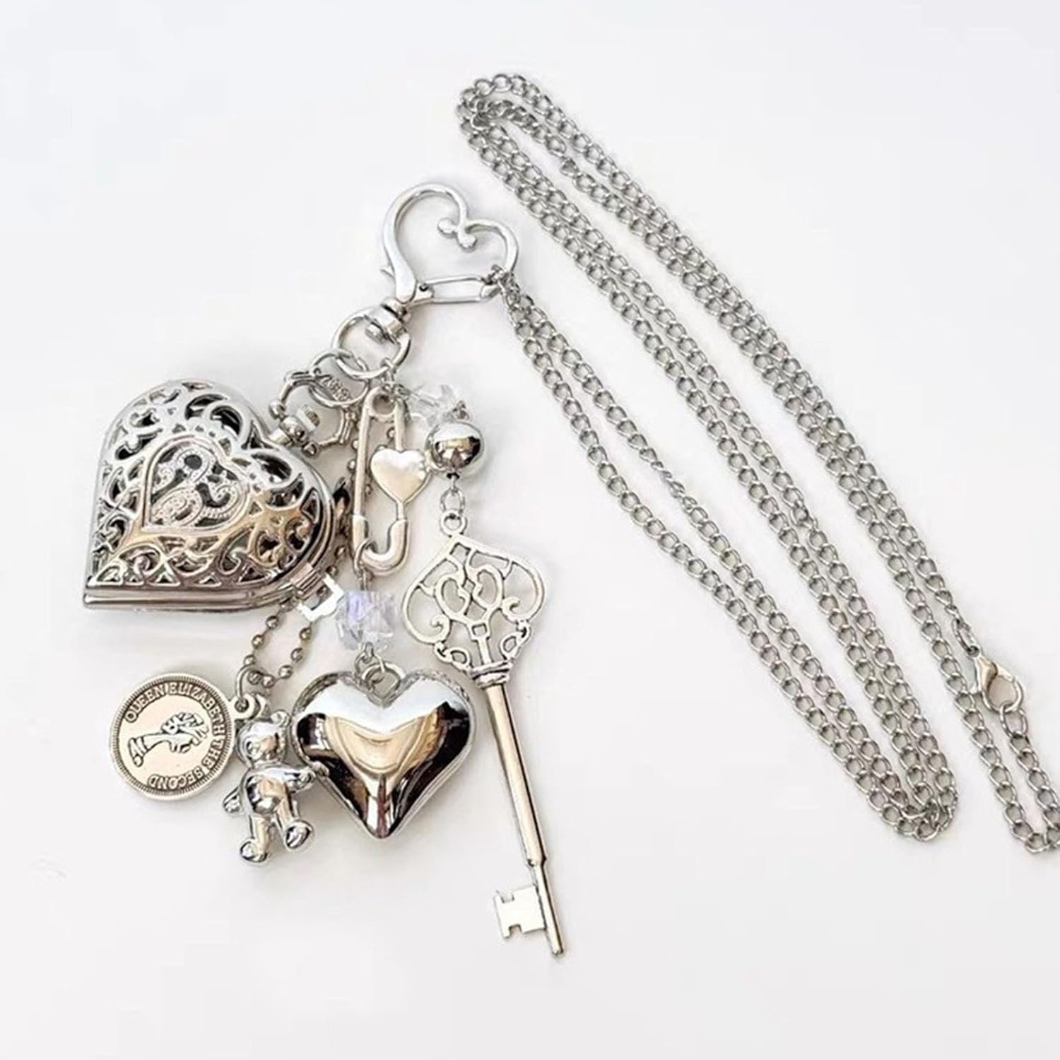 Cartoon Bear Shaped Flipped Lid Heart/Round Locket Keychain Necklace with Vintage Pocket Watch and Star