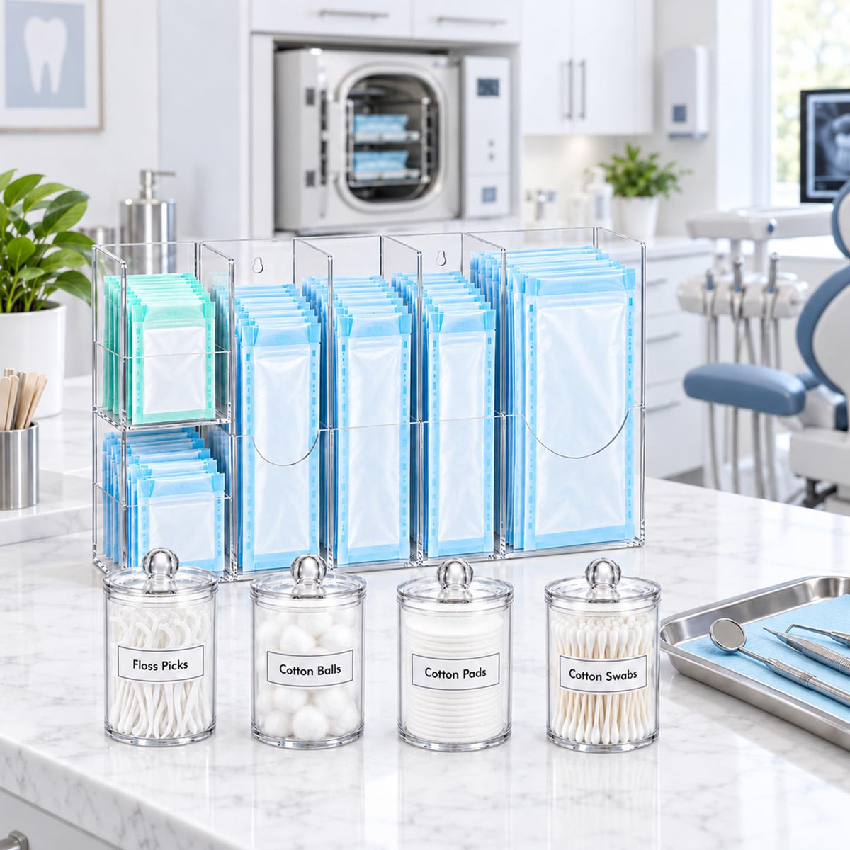 Sterilization Pouch Organizer Set with 4 Jars Acrylic Dental Dispenser Rack