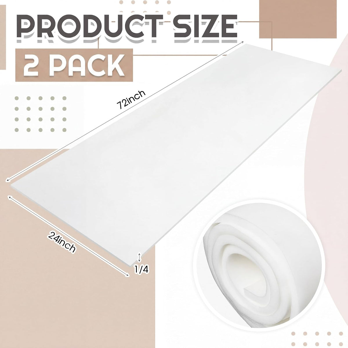 1 Pack Upholstery Foam Sheet, 1/4" X 24" X 72", White