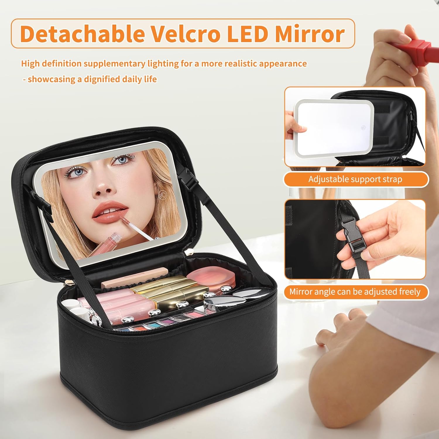 Makeup Bag With LED Mirror, Travel Makeup Bag With 3 Color Setting Light Up Mirror Cosmetic Makeup Organizer Vanity