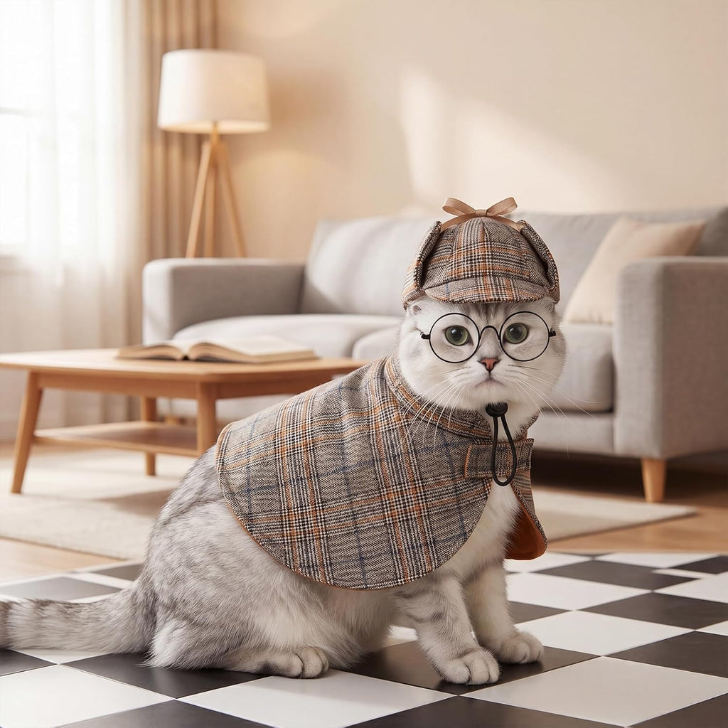 Dog Costume Set Detective Cloak Hat and Glasses for Small Dog and Cat | Pet Detective Costume for Halloween Party