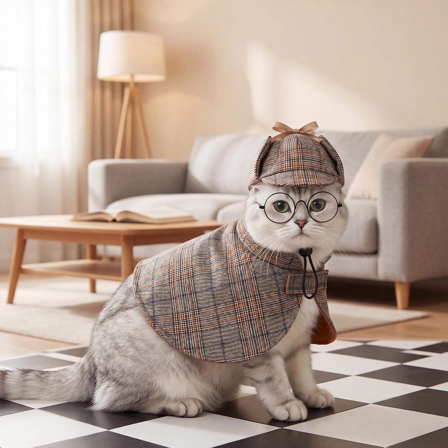 Dog Costume Set Detective Cloak Hat and Glasses for Small Dog and Cat | Pet Detective Costume for Halloween Party
