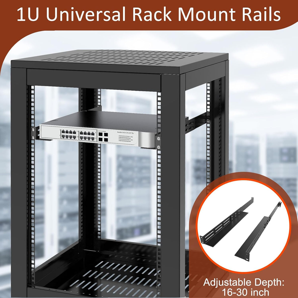 1U Universal Rack Mount Rails, 4-Post Server Rack Rail