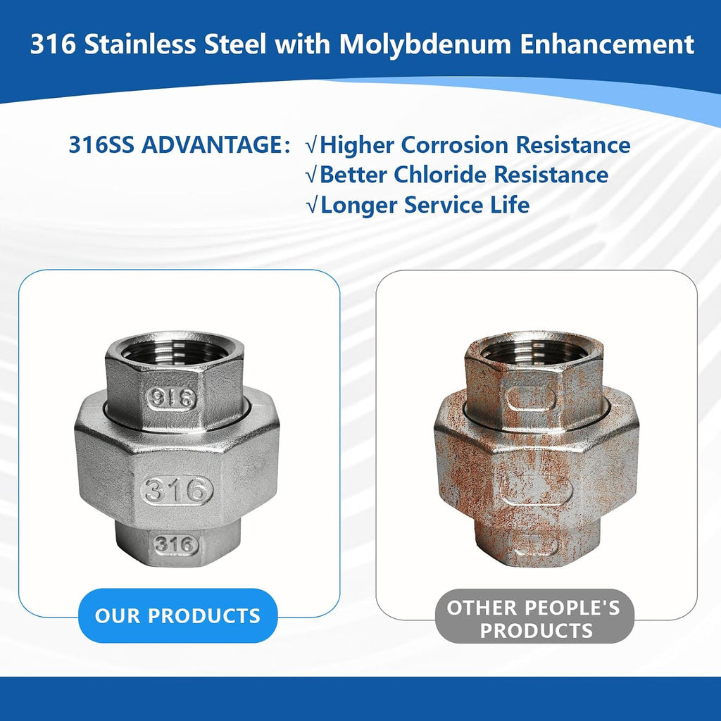316 Stainless Steel Union Fitting, 3/4 Inch NPT Female, 2-Pack