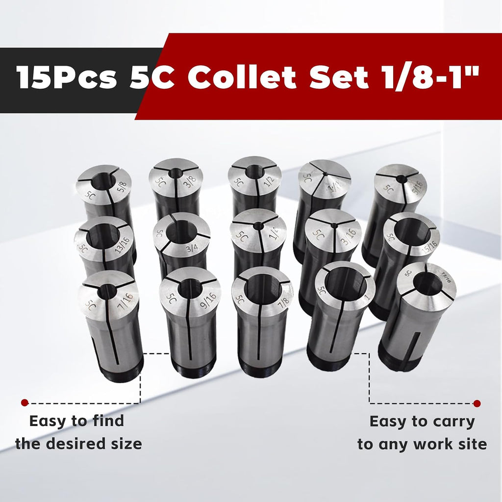 findmall 15Pcs 5C Collet Set, 1/8-1" Mill Collet Holder