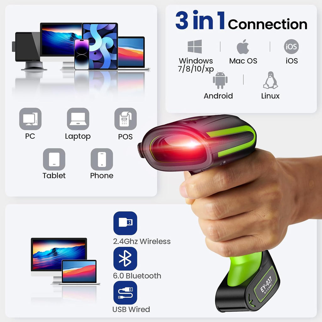2D QR Industrial Barcode Scanner with Wireless Charging Stand | Rugged Heavy Duty&IP65 Waterproof, 3-in-1