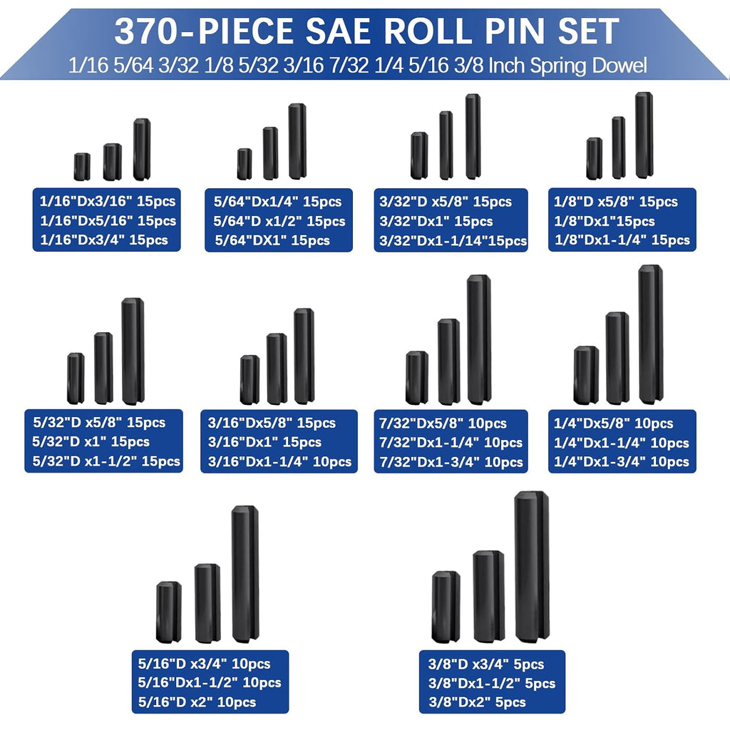 SAE Roll Pin Set, 370 Pcs Roll pin Assortment, Slotted Spring Pins