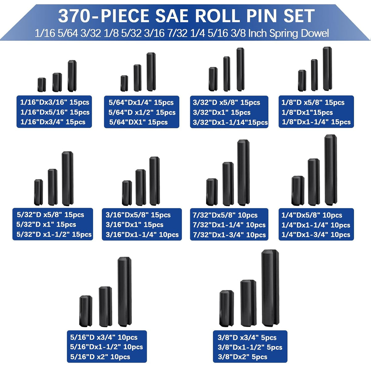 SAE Roll Pin Set, 370 Pcs Roll pin Assortment, Slotted Spring Pins