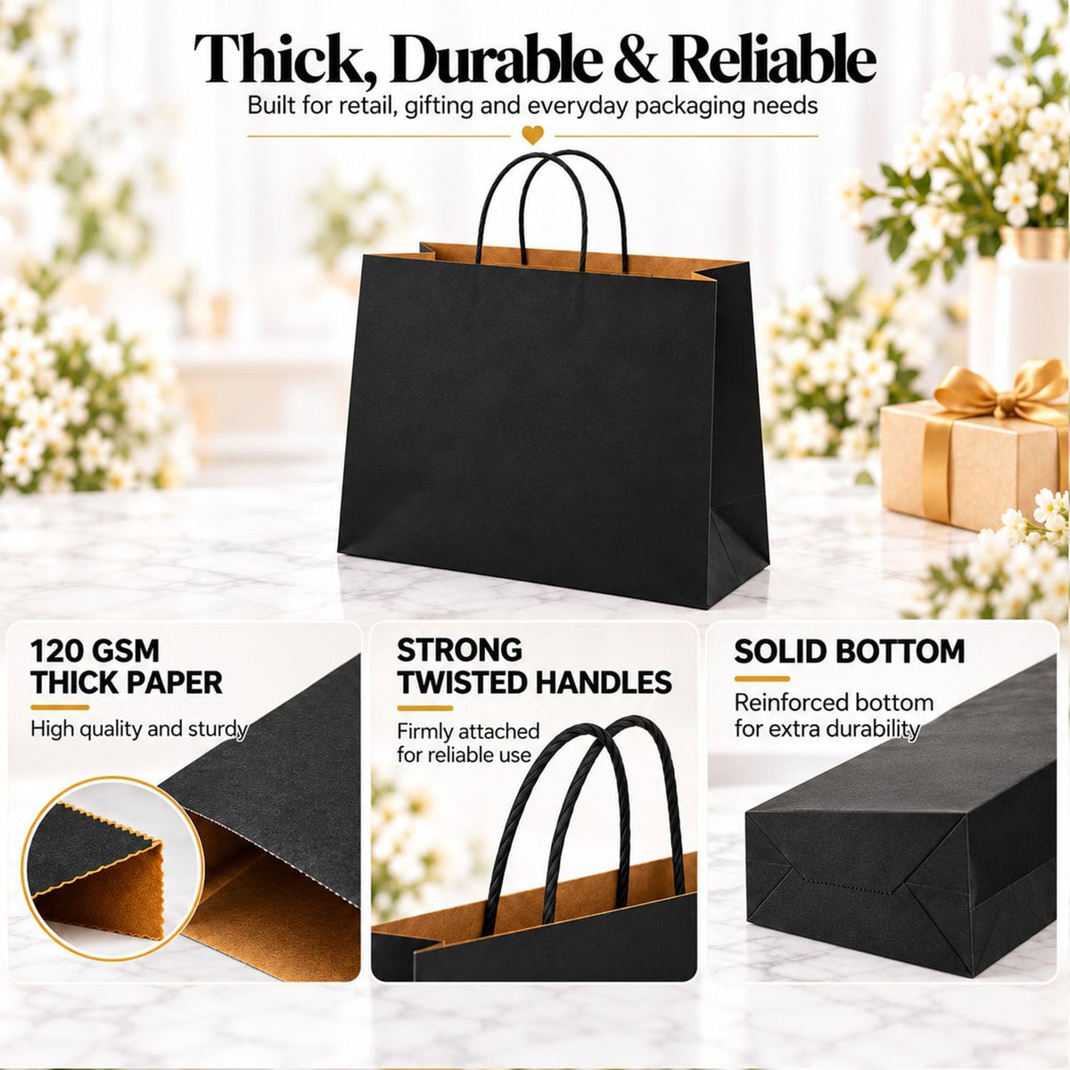 Large Kraft Paper Bags with Handles Bulk for Shopping,70 Pack,Black