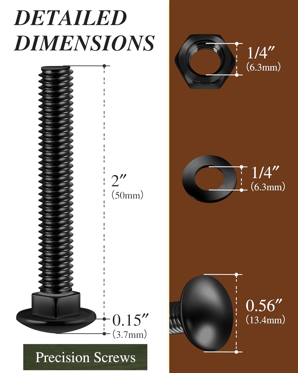 (18Sets) 1/4-20 x 2 Carriage Bolts Screws, 304 Stainless Steel Round Head Square Neck 1/4 Carriage Bolts and Nuts Kit