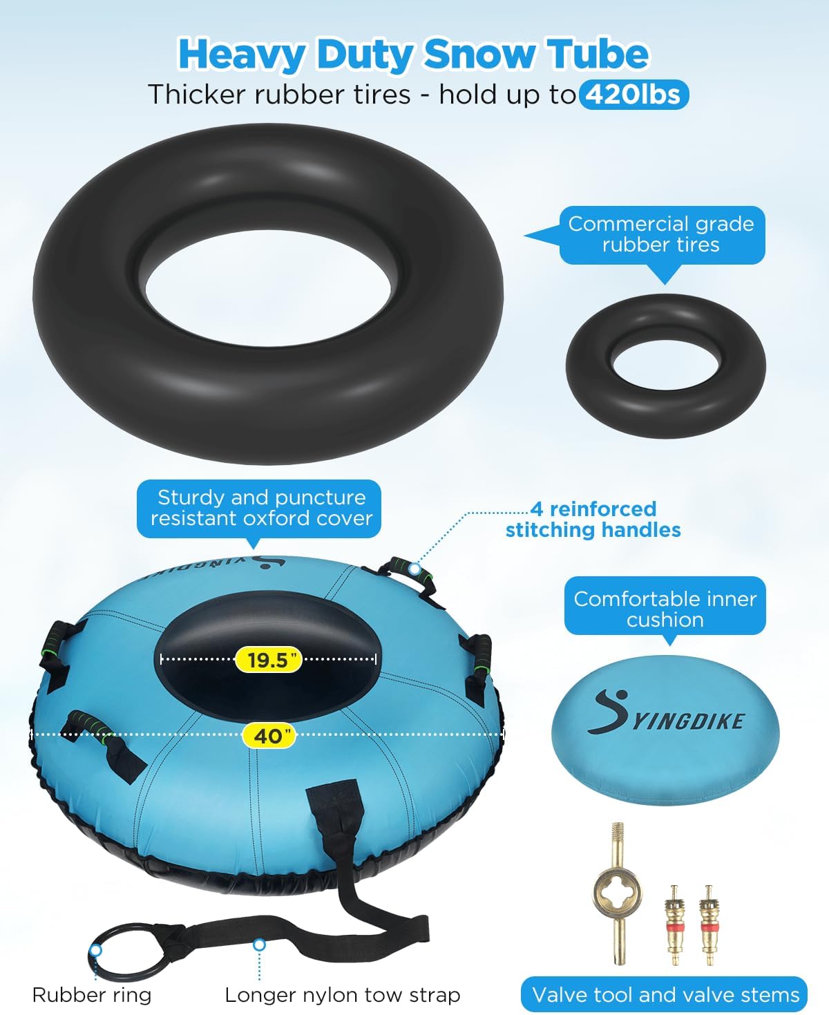 Snow Tube for Sledding, Heavy Duty 40" Snow Sled with 4 Handles and Cushion Seat, Inflatable High Speed 600D Canvas