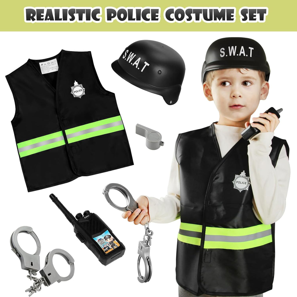 Boys Dress up Trunk Costumes Set,15pcs Pretend Role Play Set Fireman, Police, Construction Worker Costume with
