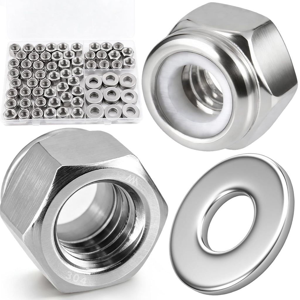 3/8-16 Lock Nut 96Pcs Stainless Steel Nylock Locking Nuts with Washers