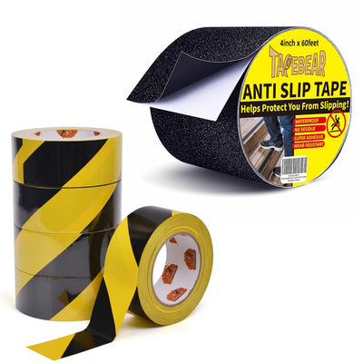 Black Safety Tape Grip Tape Anti Slip Traction Tape 4 Inch x 60Ft + 5Rolls Black Yellow Hazard Caution Tape, 2inch x