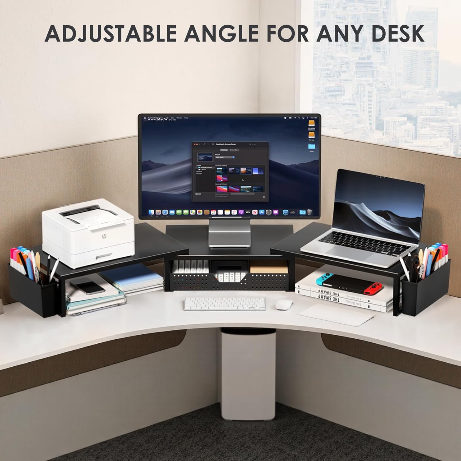 Desk Organizers and Accessories, Dual Monitor Stand Riser with Drawer and 2 Pen Holders, Desk Shelf Metal Computer