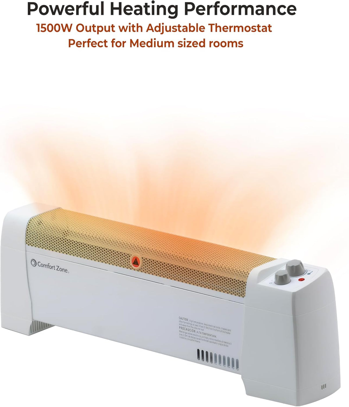 Comfort Zone Electric Baseboard Space Heater with Adjustable Thermostat, Dent-Proof End Panels, Overheat Protection