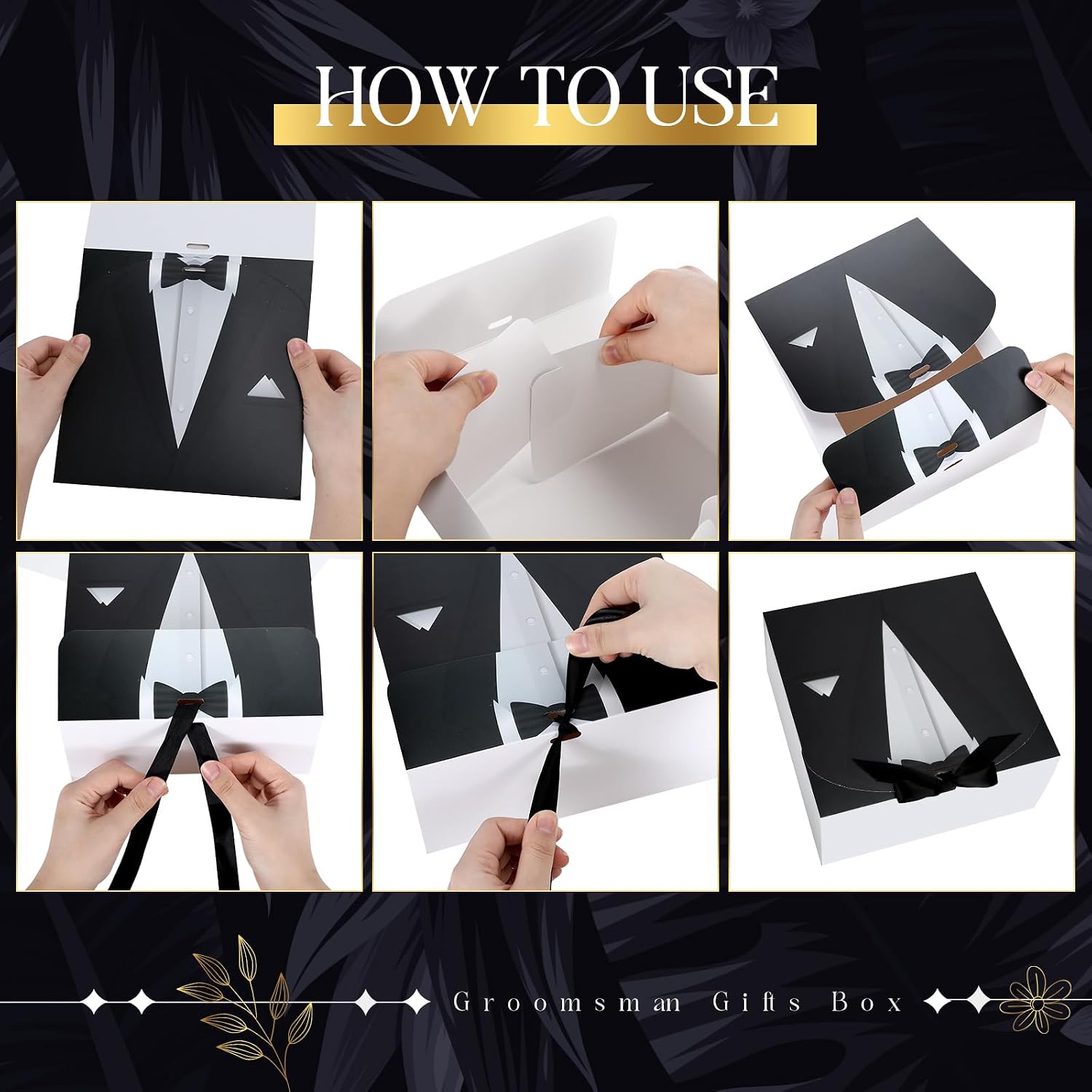 6 Groomsmen Gift Box Tuxedo Desian with Ribbon, Black