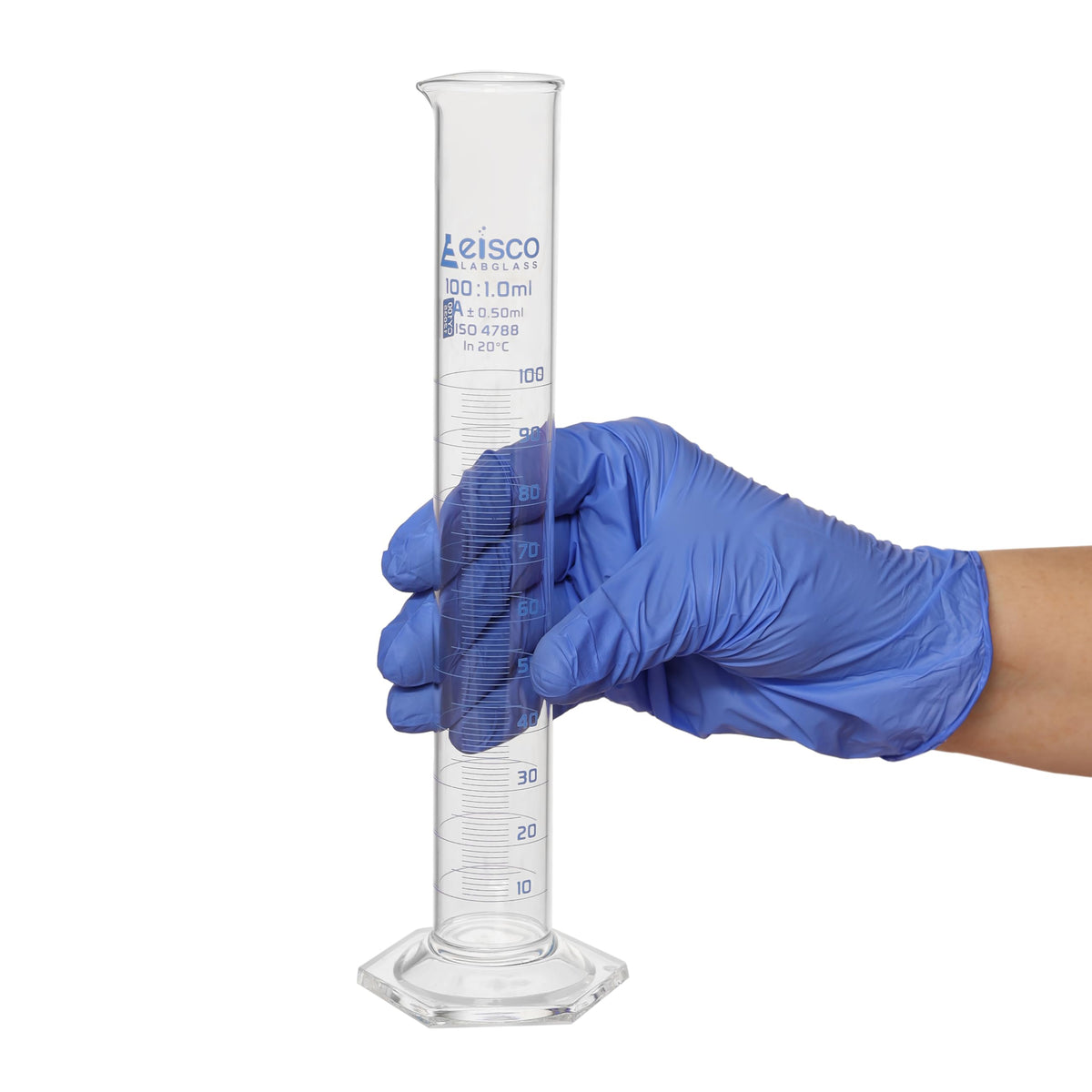 Graduated Cylinder, 100ml - Class A Tolerance ±0.50ml - Hexagonal Base - Blue Graduations - Borosilicate 3.3 Glass - Eisco Labs
