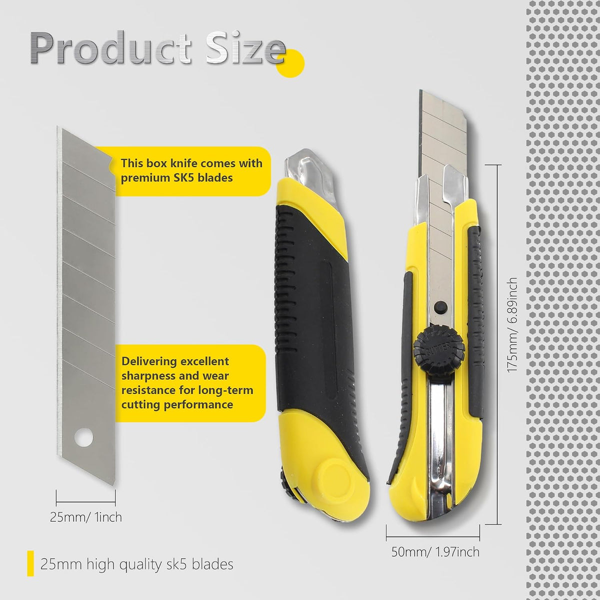 25mm Heavy Duty Utility Knife,10pcs SK5 Snap-Off Blades,Retractable Lock Box Cutter with Anti-Slip Rubber Grip for