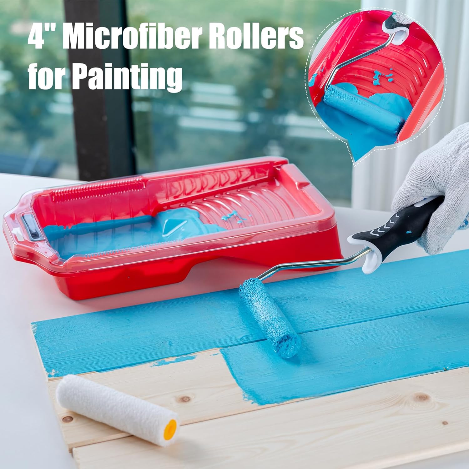 4 Inch Paint Roller Kit, 12-Piece Mini Roller Set with 6 Microfiber Sleeves, Tray, Liner & Cover, Handle, 1.5" Angled