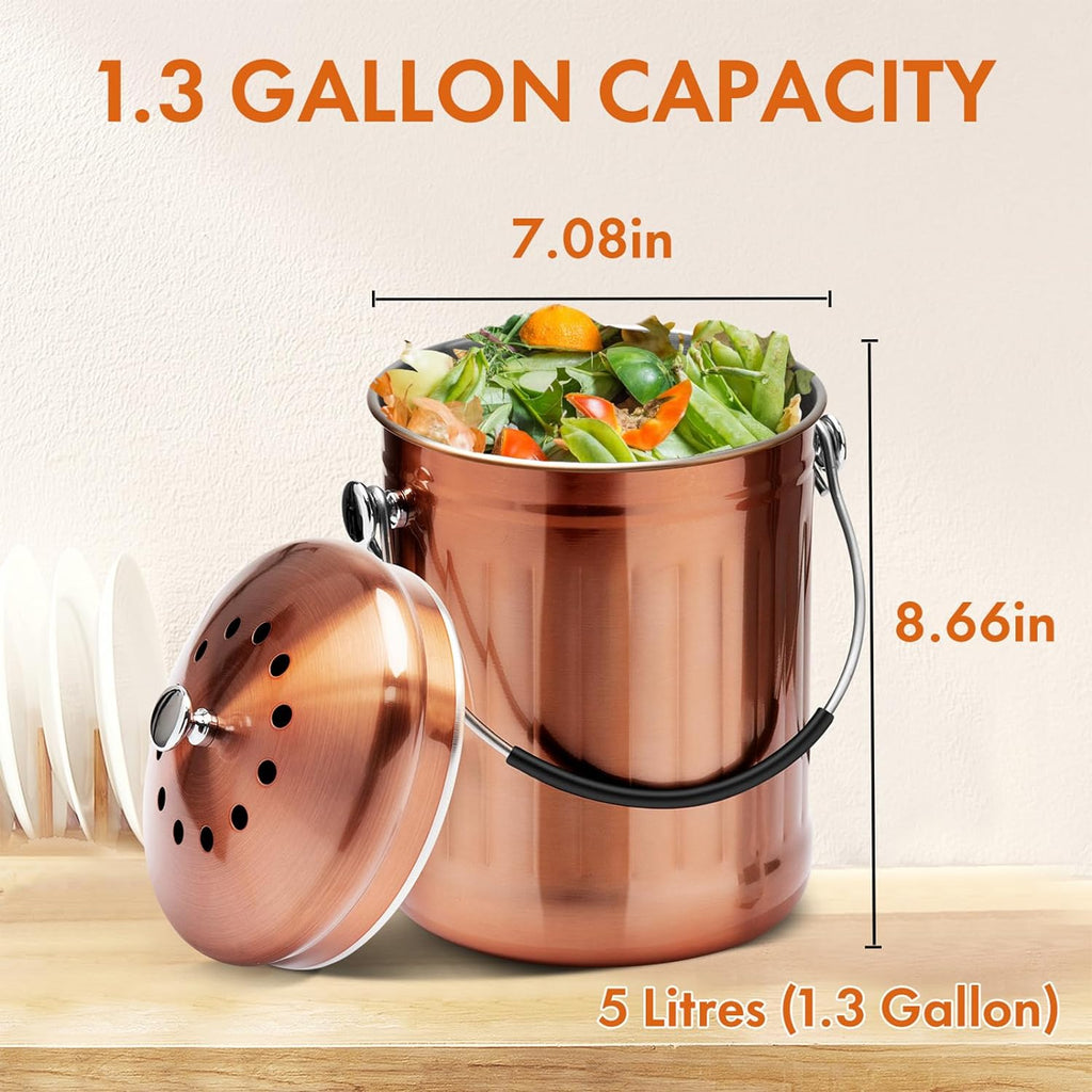 Compost Bin for Kitchen Countertop, 1.3 Gallon Matte Copper Stainless Steel Compost Bucket with Lid, Odorless Food
