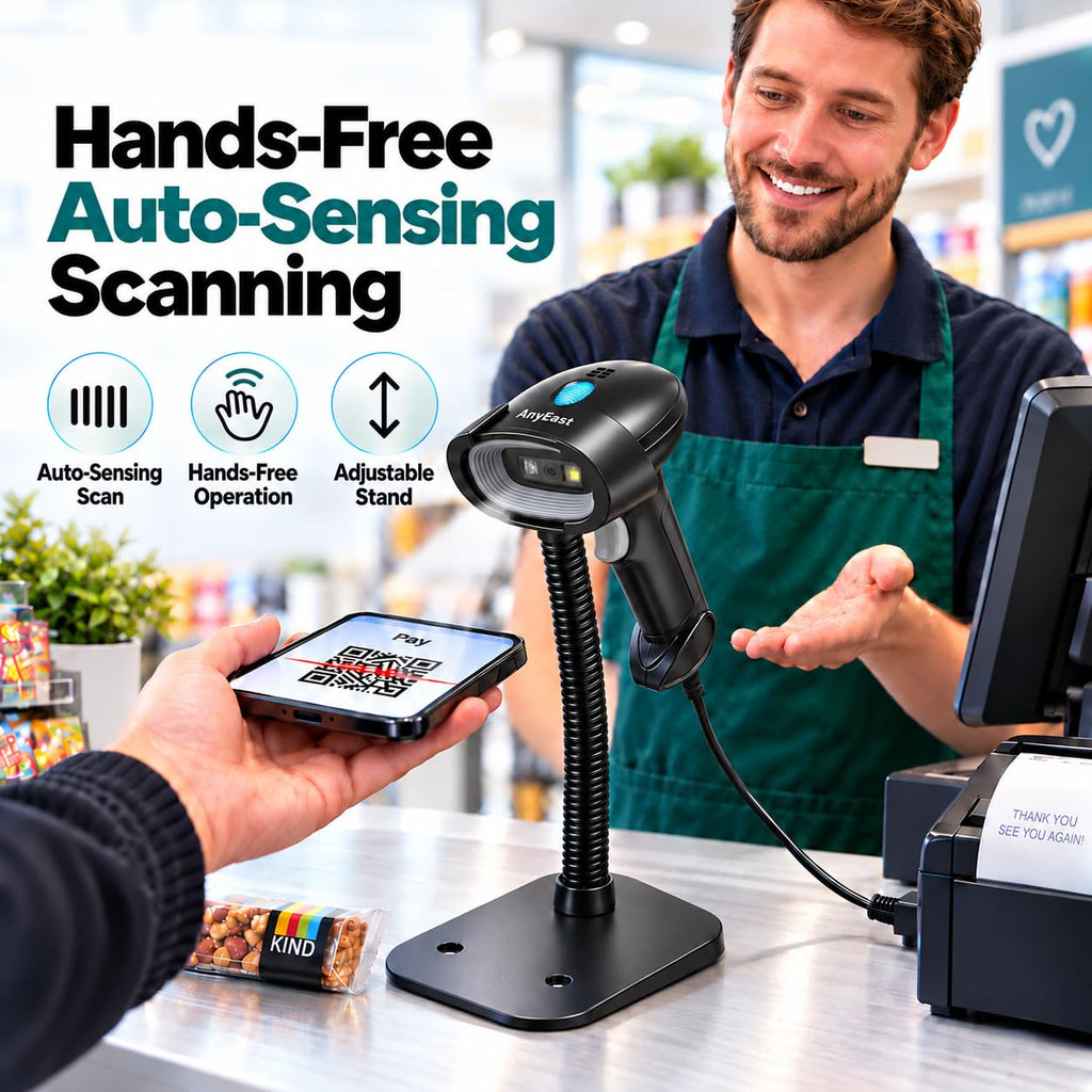 Barcode Scanner with Stand, Wired USB 2D QR Code Reader