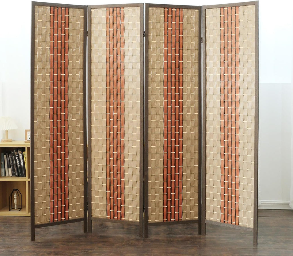 Furnnylane 4 Panel Rattan Room Divider, Beige Orange Folding Privacy Screen