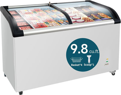 Curved Top Display Freezer 9.75 Cu.ft Sliding Glass Lid Ice Cream Freezers Commercial Mobile Chest Freezer with LED