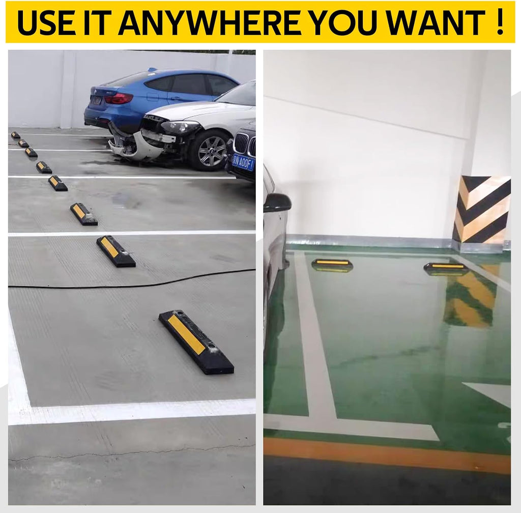 4 Pack Heavy Duty Rubber Parking Block Parking Curb | Wheel Stop Stoppers for Garage Parking with Yellow Reflective