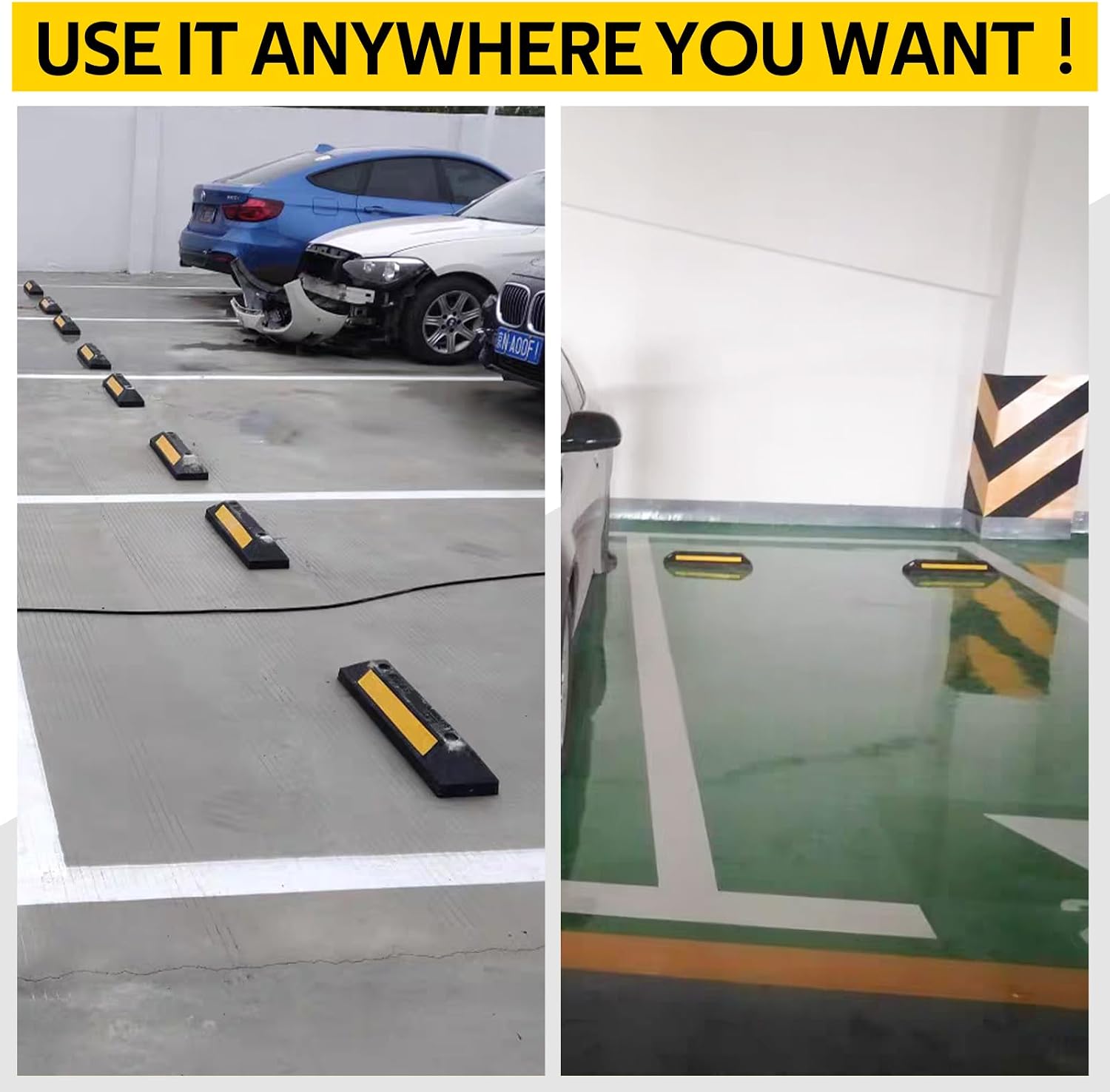 4 Pack Heavy Duty Rubber Parking Block Parking Curb | Wheel Stop Stoppers for Garage Parking with Yellow Reflective
