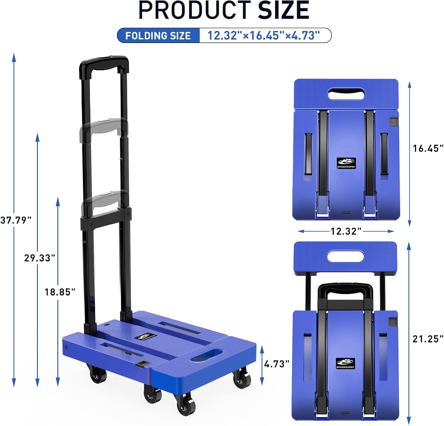 Folding Hand Truck, 500 LB Capacity Luggage Cart, Portable Folding Dolly with 6 Wheels and 2 Elastic Ropes for
