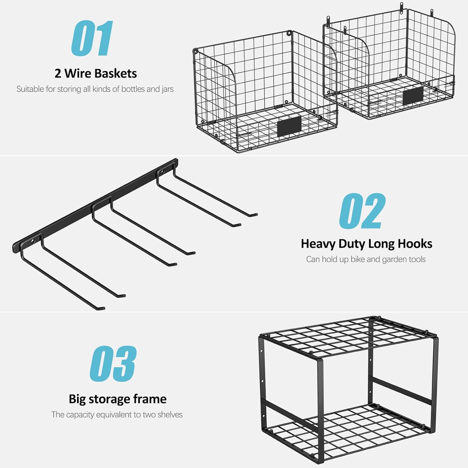 Garage Shelf Wall Mounted with Wire baskets, Heavy Duty Garage Wall Shelving with Garden Tool Rack and Hooks, Wire