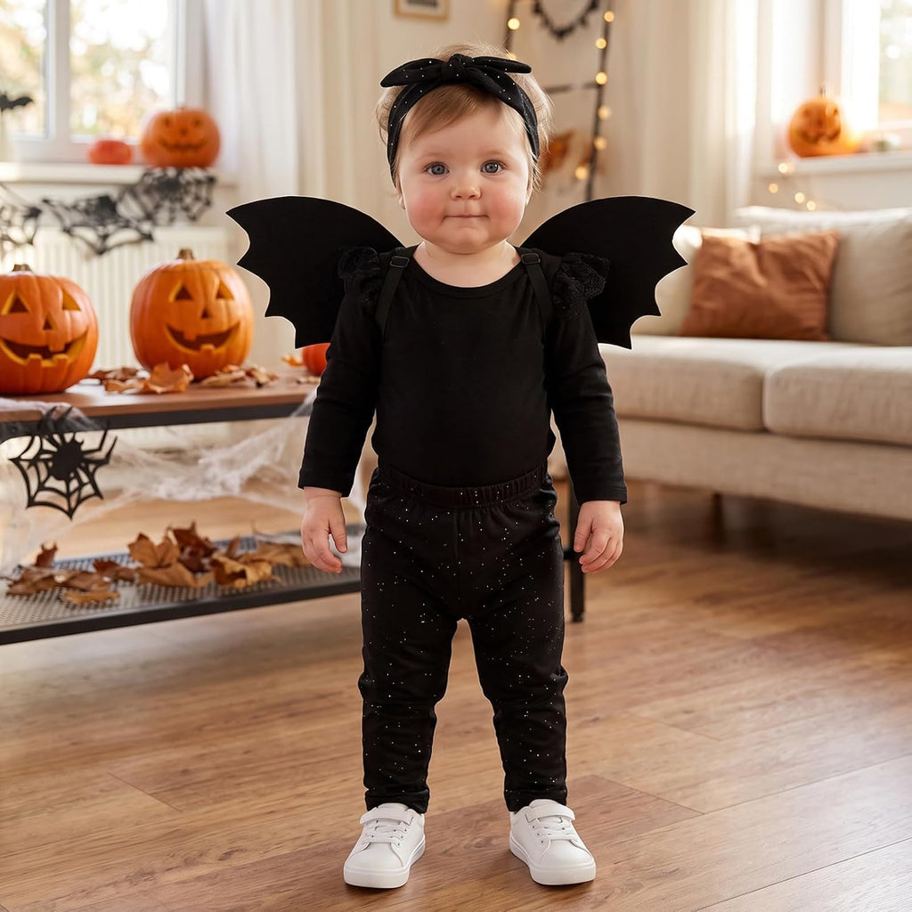 Infant Toddler Baby Girls Halloween Costume Black Bat 4PCS Set | Black Bat Long Sleeve Ruffle Romper
