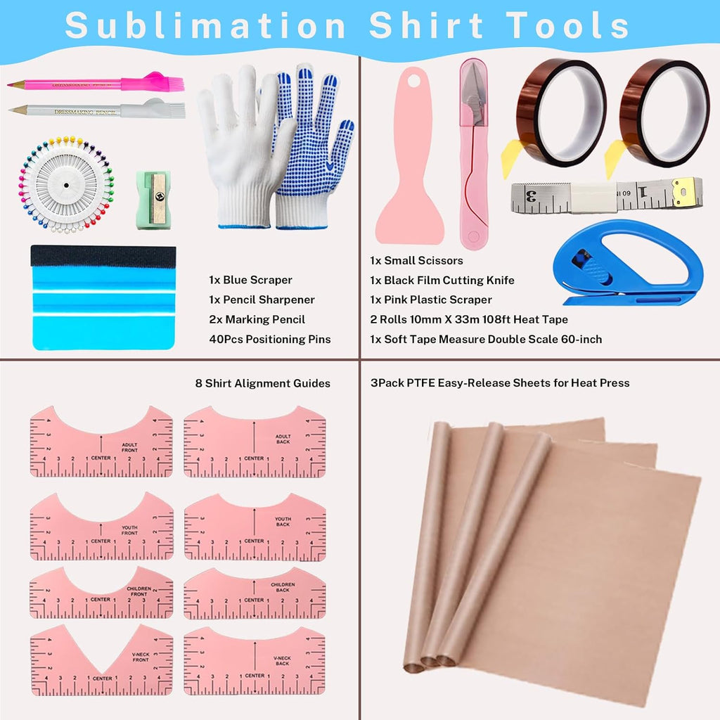 Sublimation Shirt Tool Kits, 8 T Shirt rulers, 3 Pack Teflon Sheet for Heat Press 12 x 16in, Heat Resistant Gloves