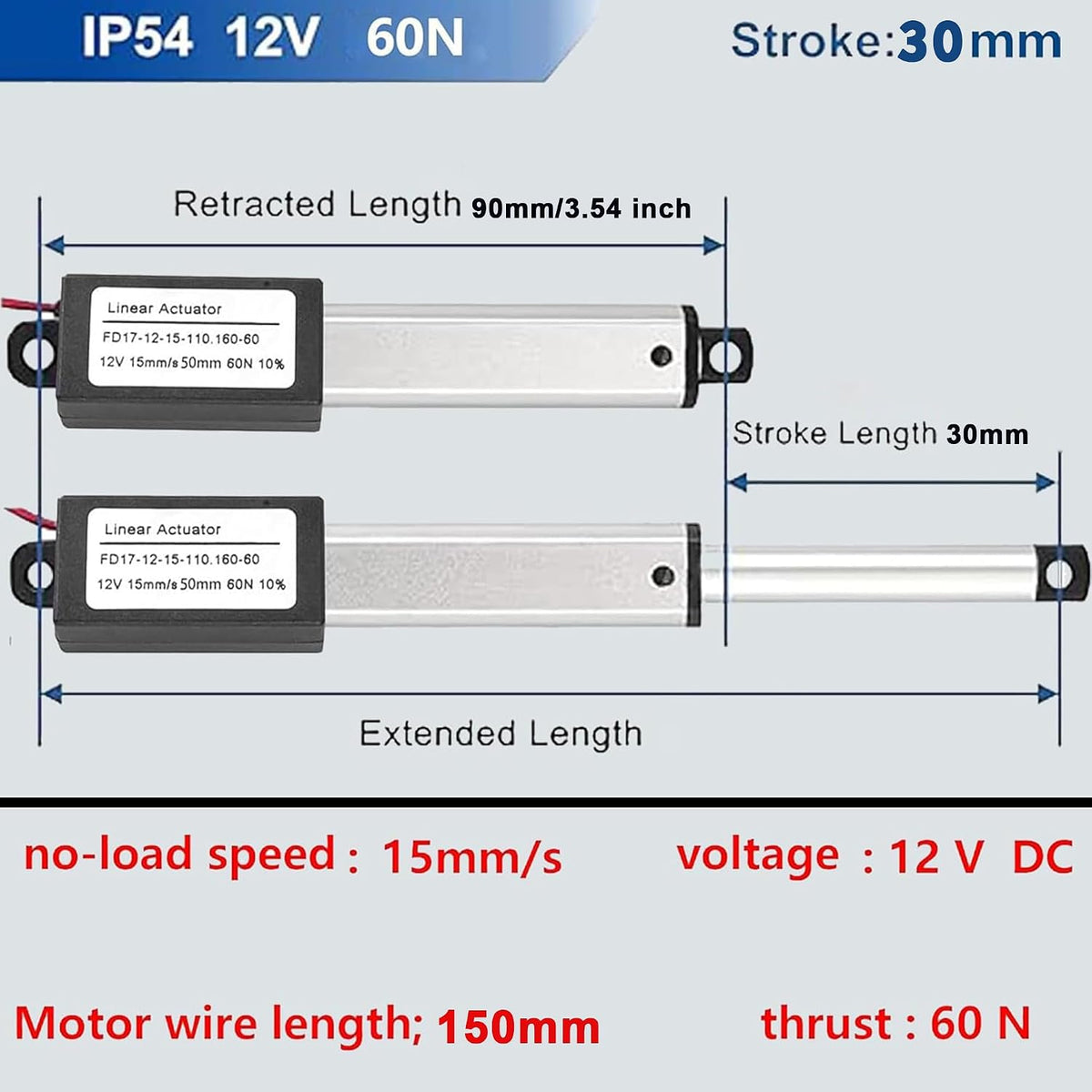 12V 60N 1.2" Mini Linear Actuator,15mm/s Electric Linear Actuator(30mm)