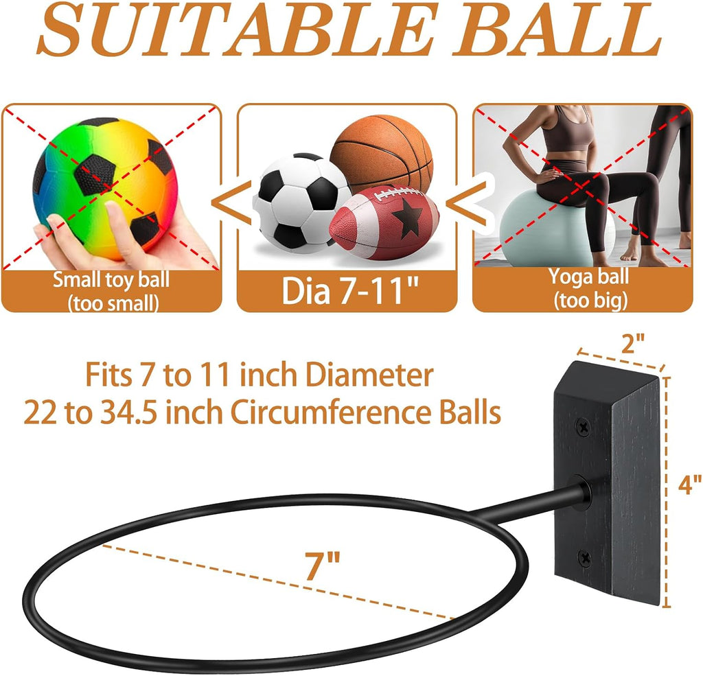Basketball Holder Wall Mount, 7 Inch Wall Mount Ball Holder with Black Walnut Solid Wood Base & Metal Ring, Sports