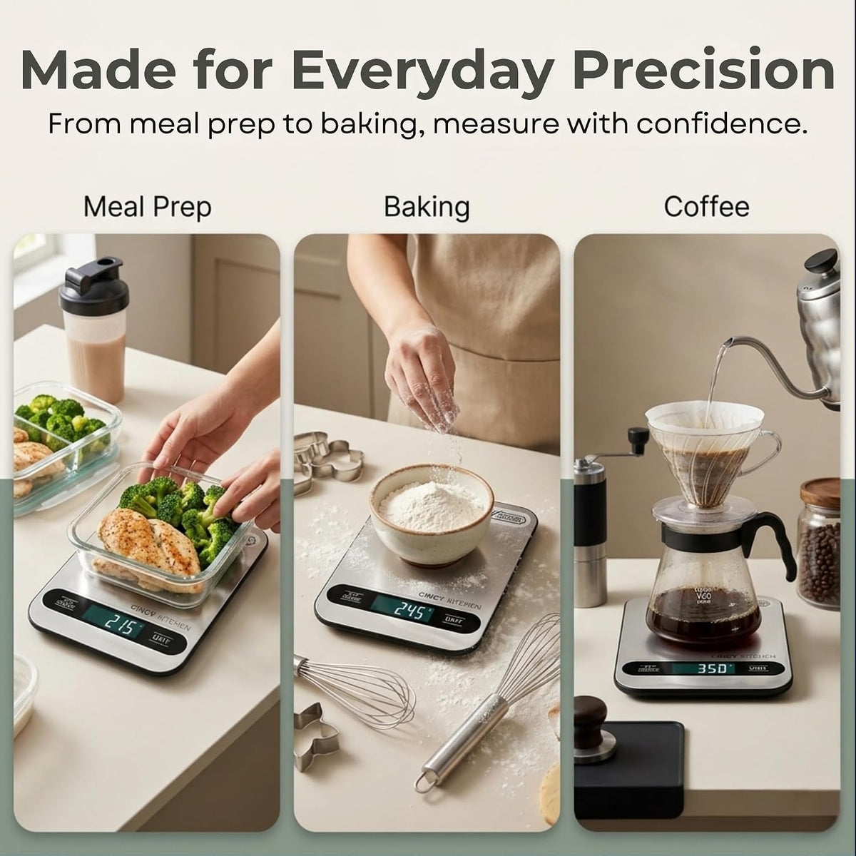 Digital Food Scale, 10kg/22lb Capacity, 1g Precision, 6 Units, Stainless Steel Kitchen Scale with Tare Function