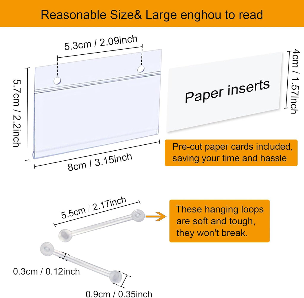 Plastic Shelf Labels, 60pcs Label Holders with 120pcs Snap Lock Hanging Loops and 60pcs Matched Paper Inserts for