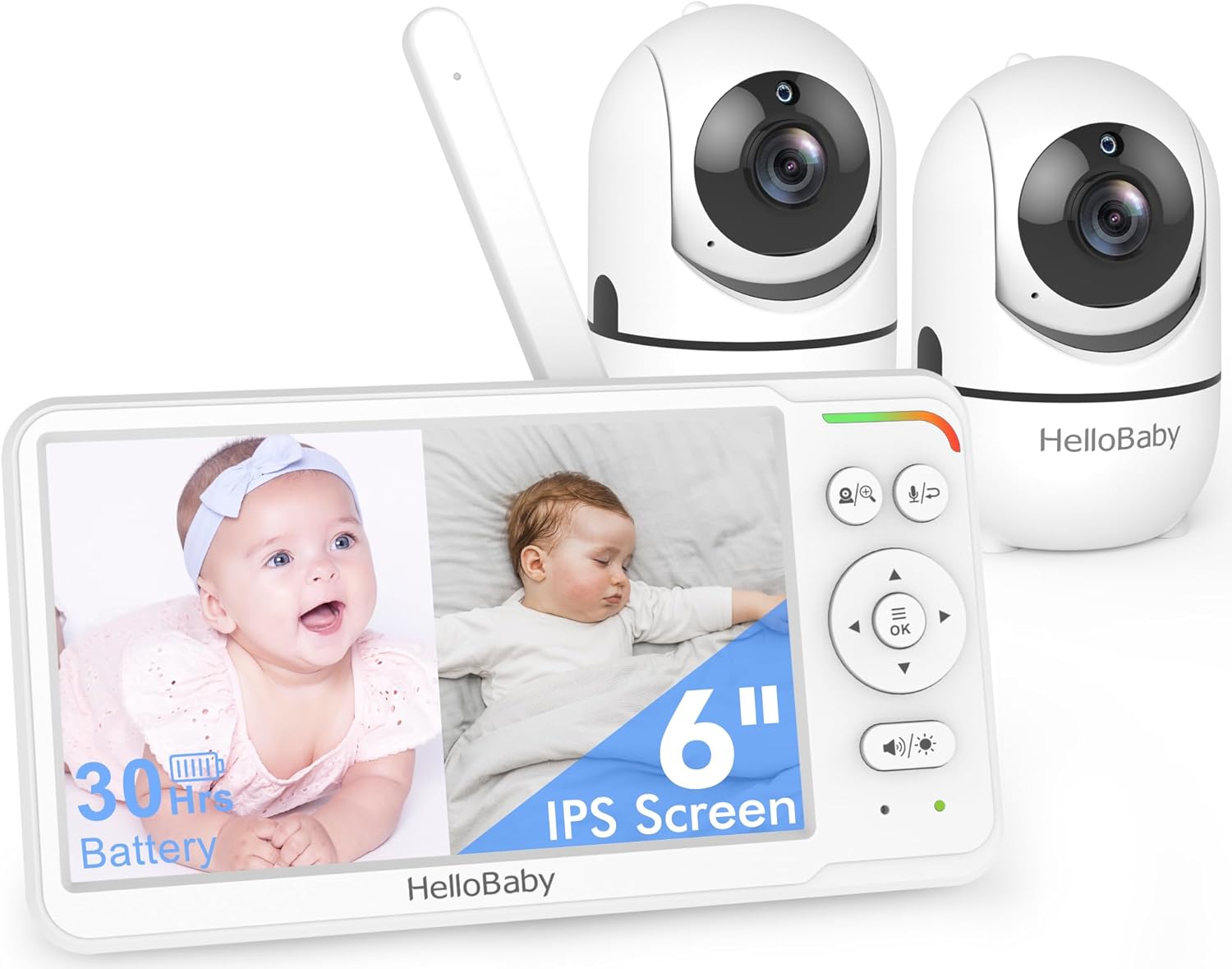 Baby Monitor with 2 Cameras, World First 6" IPS Split Screen, Double Cams No WiFi, 30H Battery, 1000ft Range, 2-Way