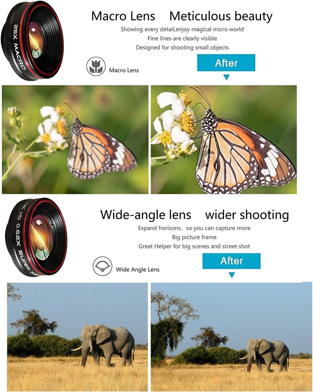 Phone Camera Lens Kit 10 in 1 for iPhone Samsung Pixel Android, 22X Telephoto Lens, 0.62X Super Wide Angle Lens&25X