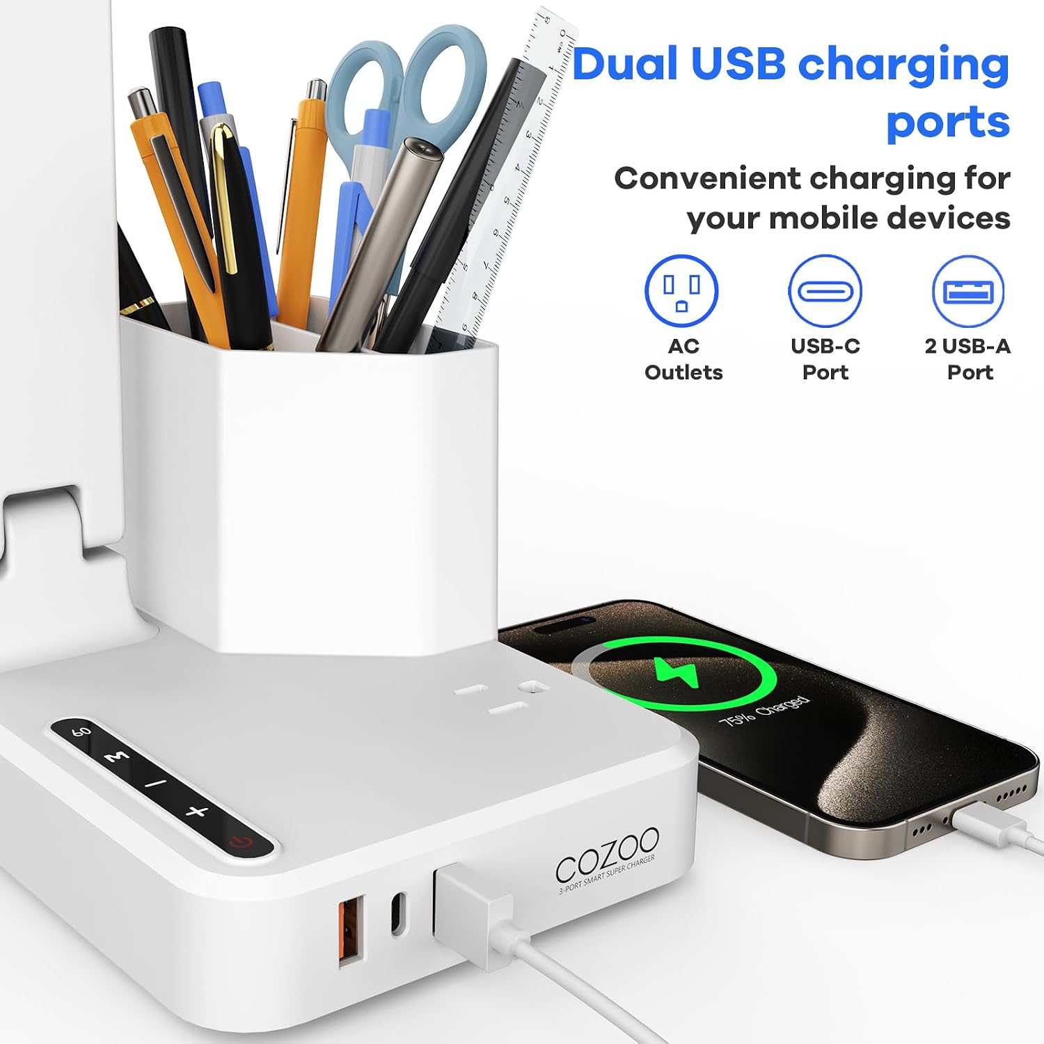 LED Desk Lamp for Dorm Office, USB C, AC Outlet Charging Port, White | Dorm Room Essentials for Guys, Eye-Caring