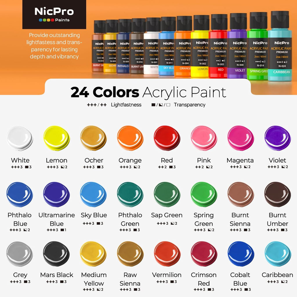 Acrylic Paint Set, 24 Colors with 12 Brushes & Palette, Non Toxic Art Supplies Kit for Painting Fabric, Canvas, Clay