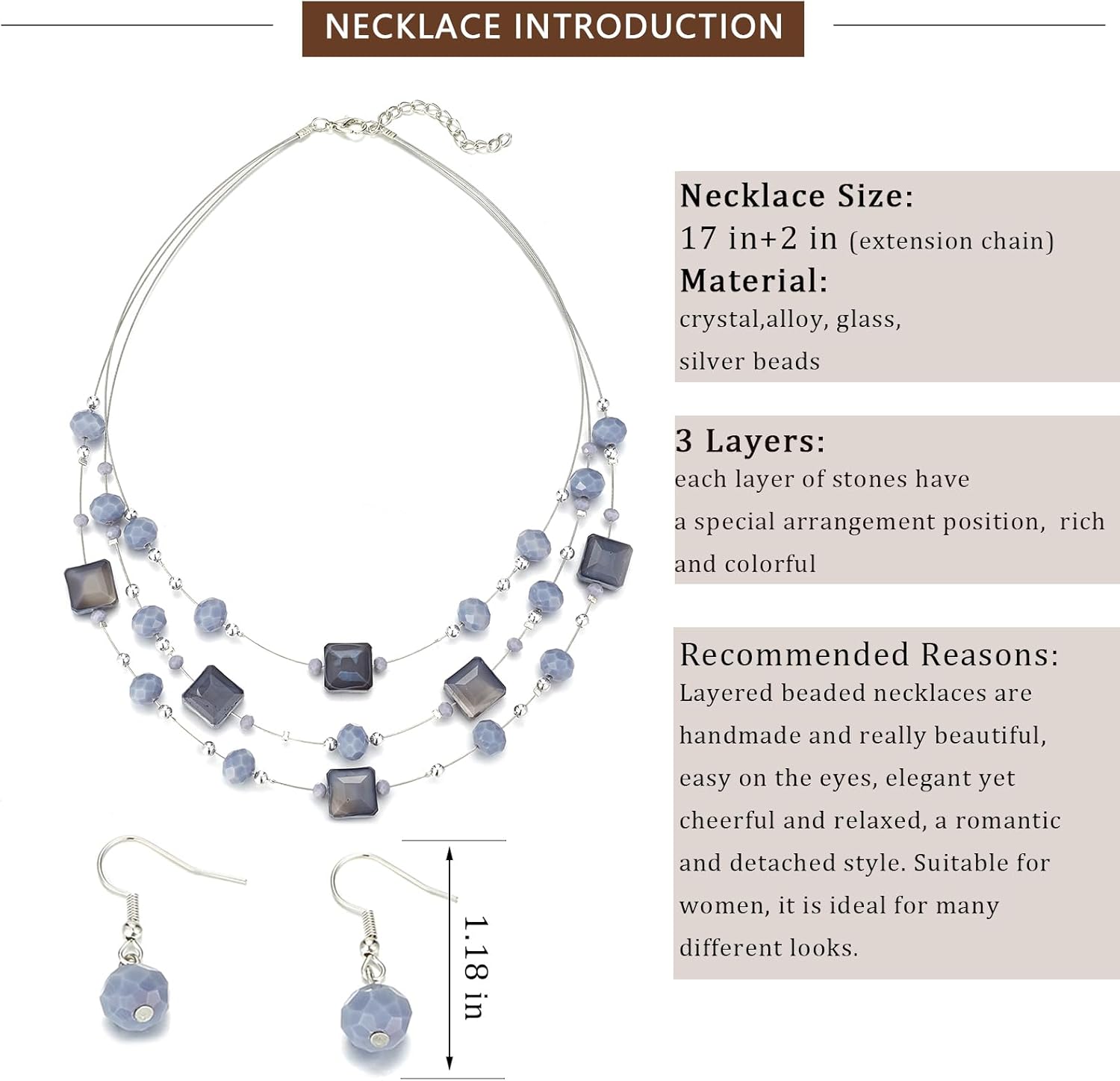 Layered Silver Beaded Necklace for Women Square Crystal Beads Statement Collar Necklace and Earrings Fashion Costumes