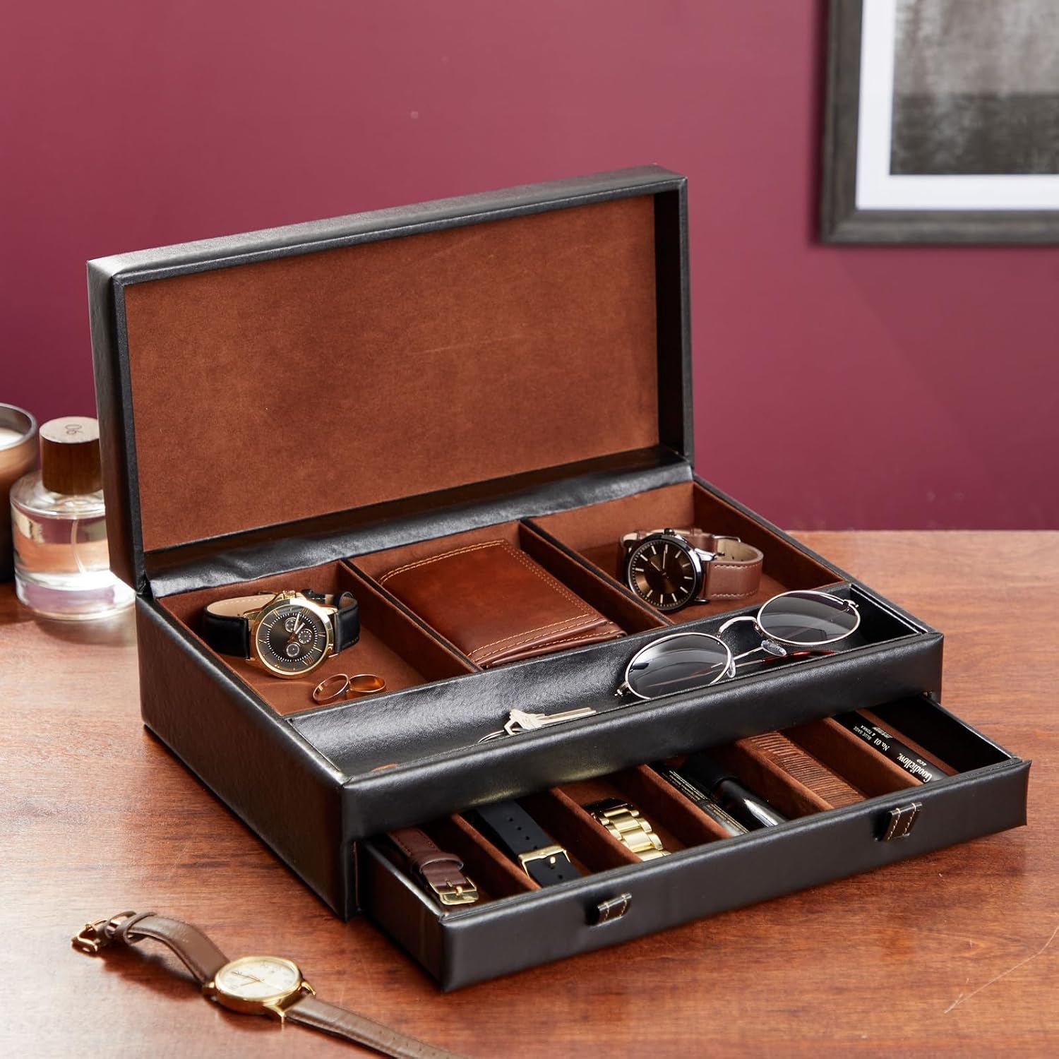Jewelry Box Organizer and Holder - Black Watch Box with Leather Valet Tray for Home Improvement - 12.6 x 9 x 4 In