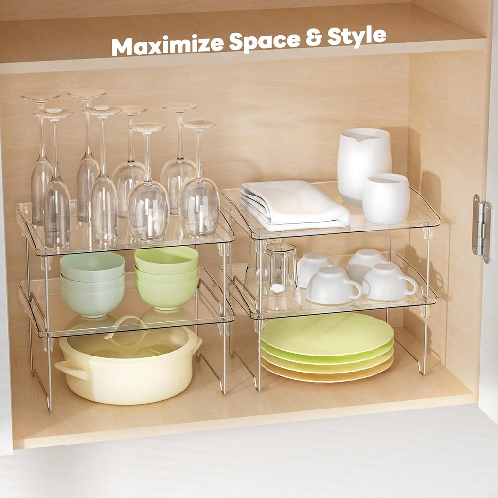 Acrylic Cabinet Organizer Shelf,4 Pcs Stackable Kitchen Counter Shelves,Spice Rack,Countertop Organizers,Clear