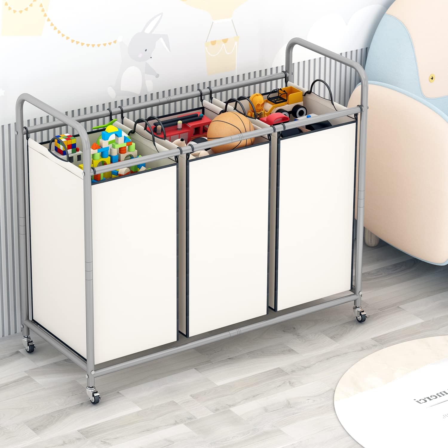3 Section Laundry Hamper, Beige Laundry Basket 135L Laundry Sorter | Laundry Room Organization with Heavy Duty