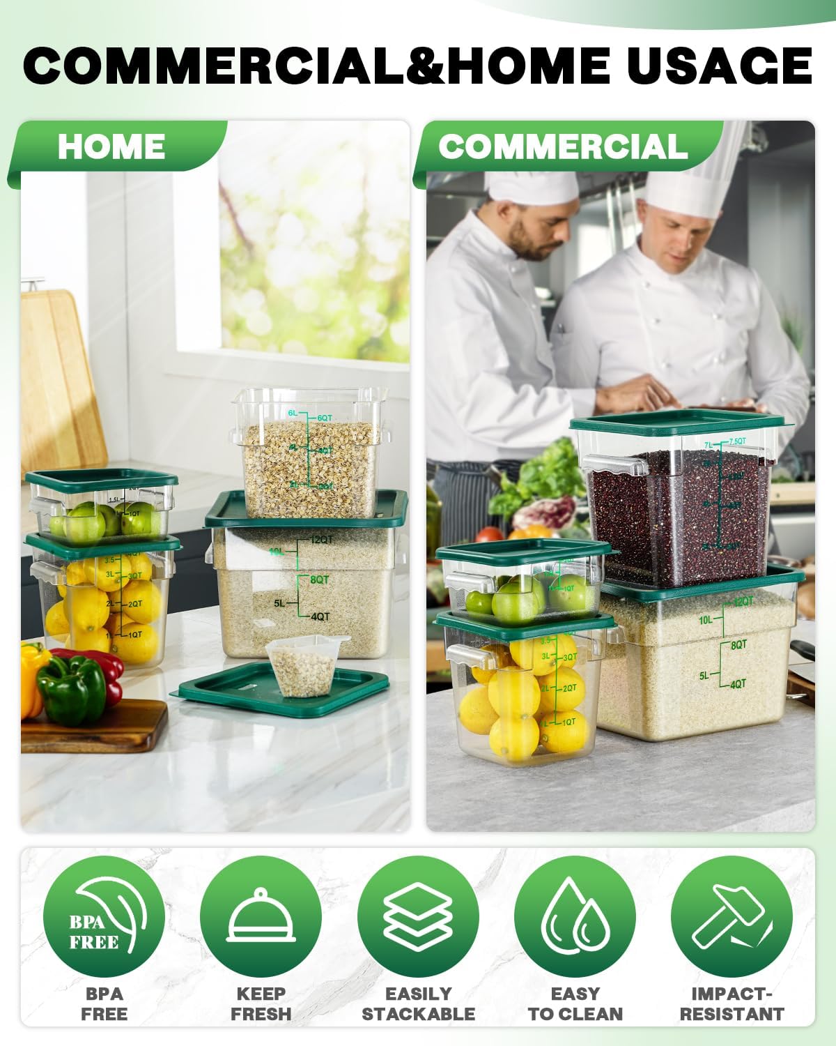 12QT 4PCS NSF Commercial Clear Food Storage Containers with Lids(GREEN)