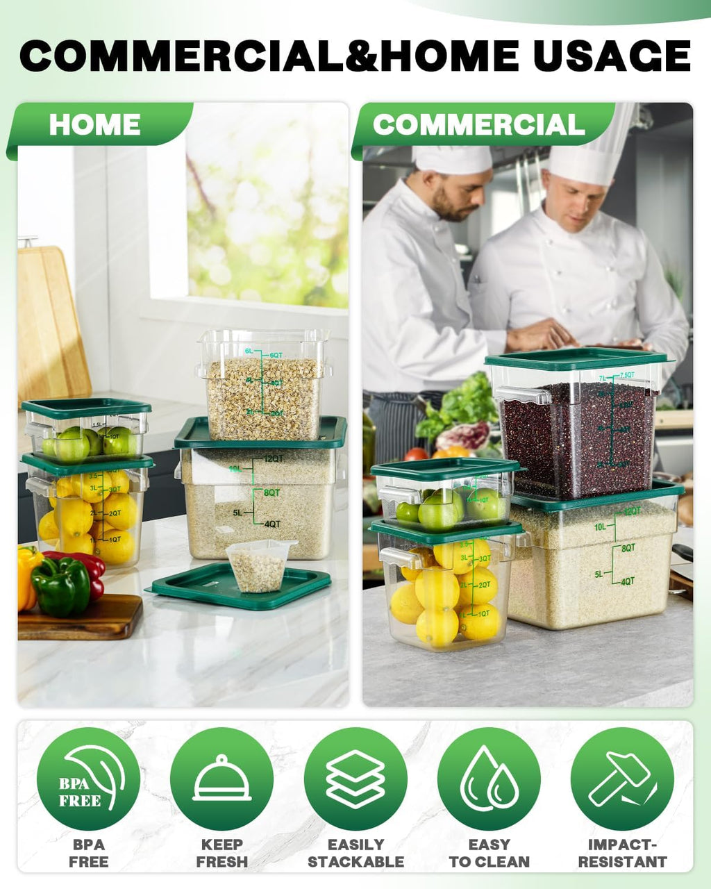 4QT 4PCS NSF Commercial Clear Food Storage Containers with Lids(GREEN)