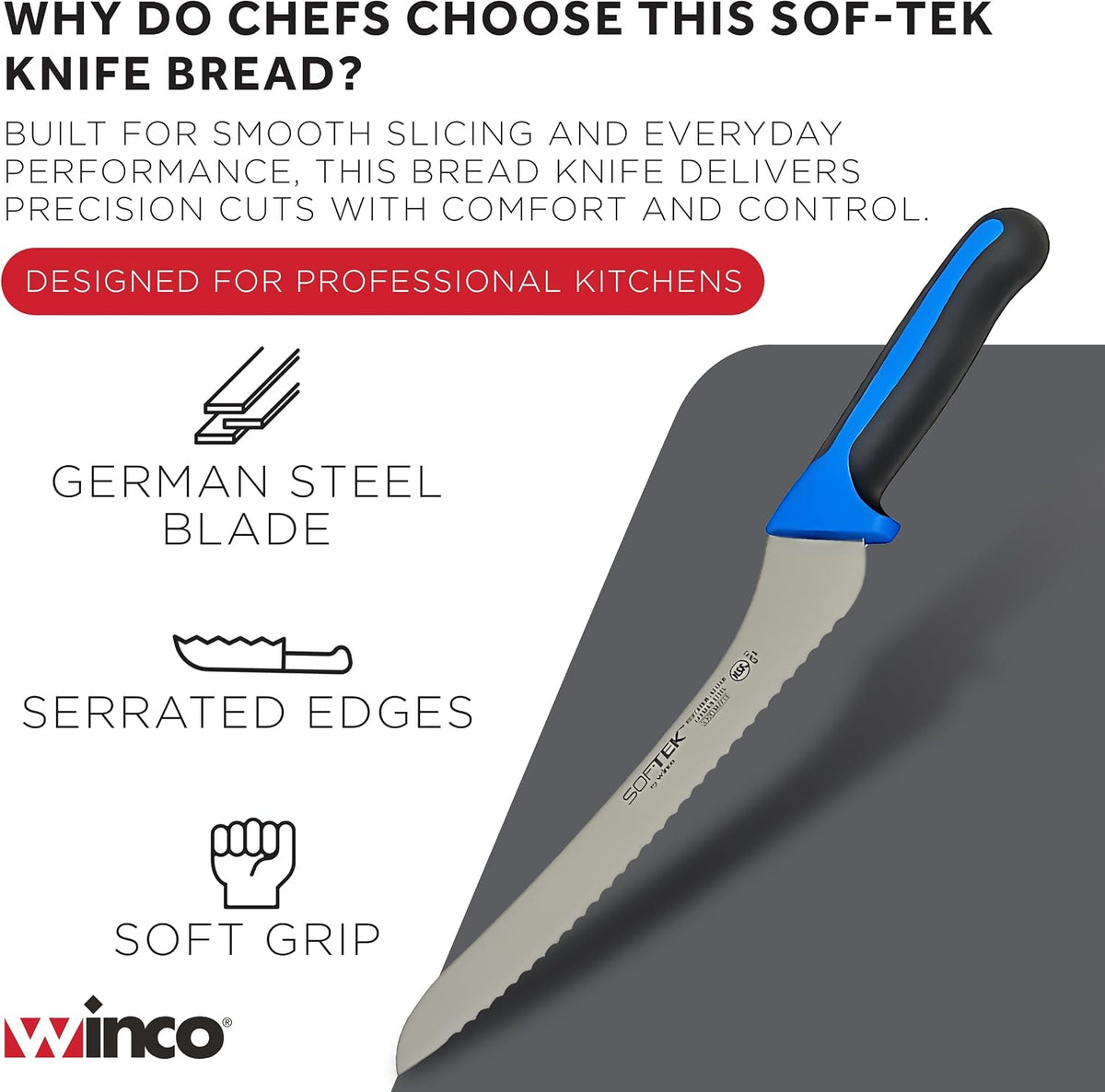 9" Blue Offset Steel Bread Knife, Soft Grip Handle