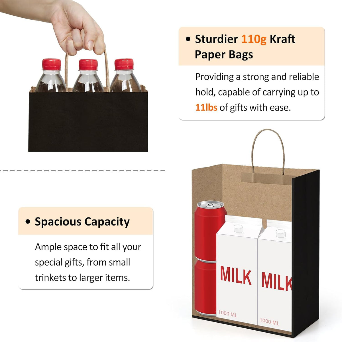 Kraft Paper Bags with Handles 10x5x13 Inch Black 50 Pack Bulk